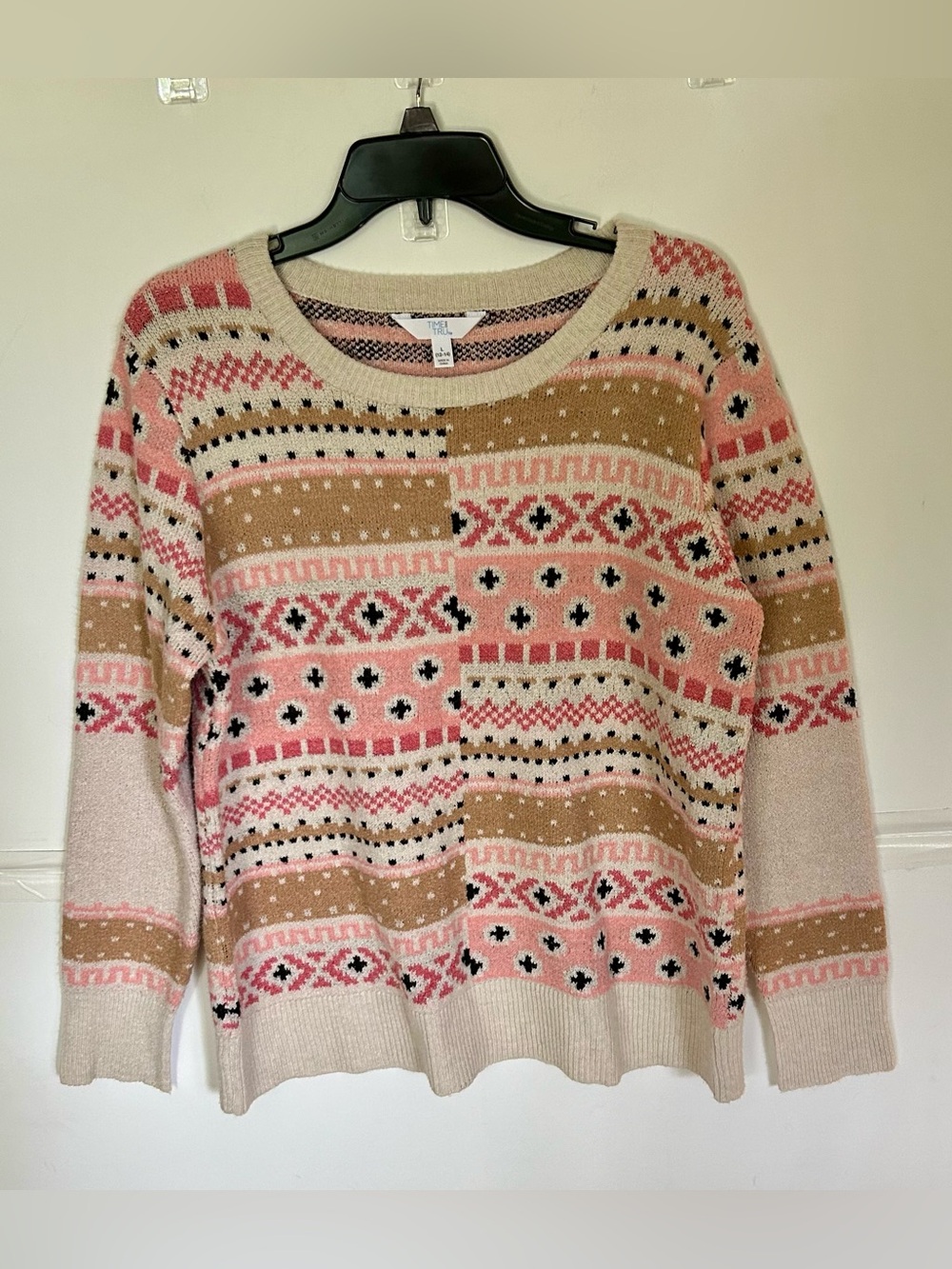 Time and Tru Pink, Tan & Black Patterned Crewneck Sweater for women